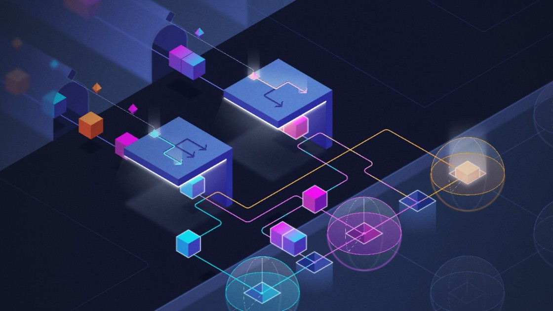 An artist’s rendering of time multiplexing of control signals to a quantum computer. The control signals for single-qubit gates (short blocks) and two-qubit gates (long blocks) travel through common cables (tunnels) to switches, which distribute them among the qubits (spheres) based on switching signals (diamonds). By ordering the control signals in a clever way, akin to playing Tetris, traffic jams in the flow of control signals can largely be avoided and programs on the quantum computer can be executed almost as fast as if each qubit had its own cable for control signals. Credit: Chalmers University of Technology/Boid