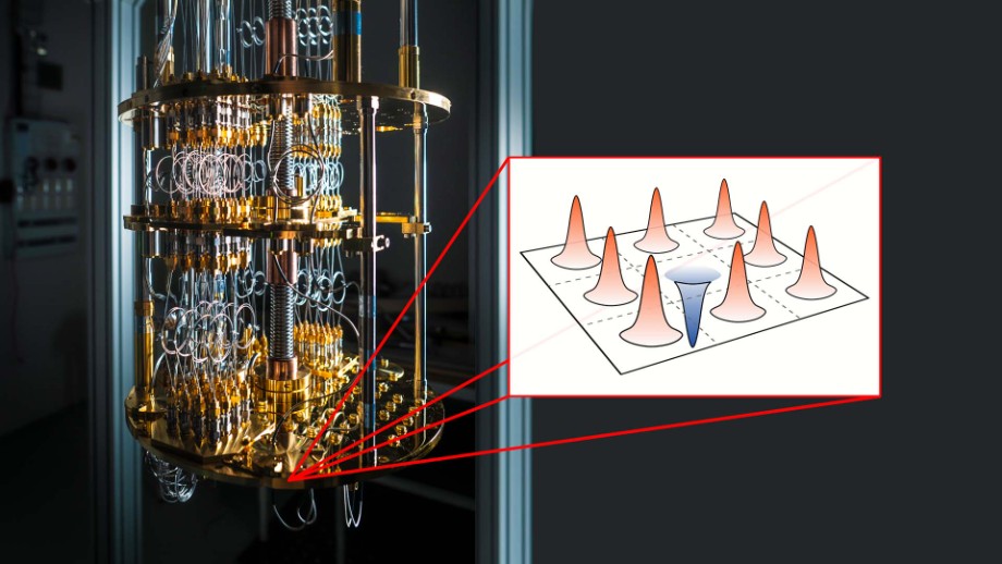 The quantum computer to the left in the image can perform complex computations thanks to its ability to represent an enormous number of different states at the same time in a so-called quantum superposition. Representing these superpositions of states is incredibly difficult to describe. Now, a research team has found a relatively simple method to simulate some relevant quantum superpositions of states. The illustration shows one of these superpositions, which can be created inside what’s known as a continuous-variable quantum computer. The team was able to observe how these states change when they interact with each other, and they were also able to simulate those changes using wave-like patterns - like the ones you see in the image. Image: Chalmers University of Technology I Cameron Calcluth