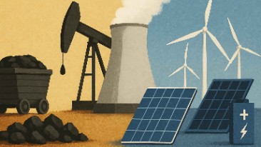 Foto: illustration. gjord med AI. Kol oljebrytning på ena halvan förnyelsebar energi och elektrifiering på den andra halvan.